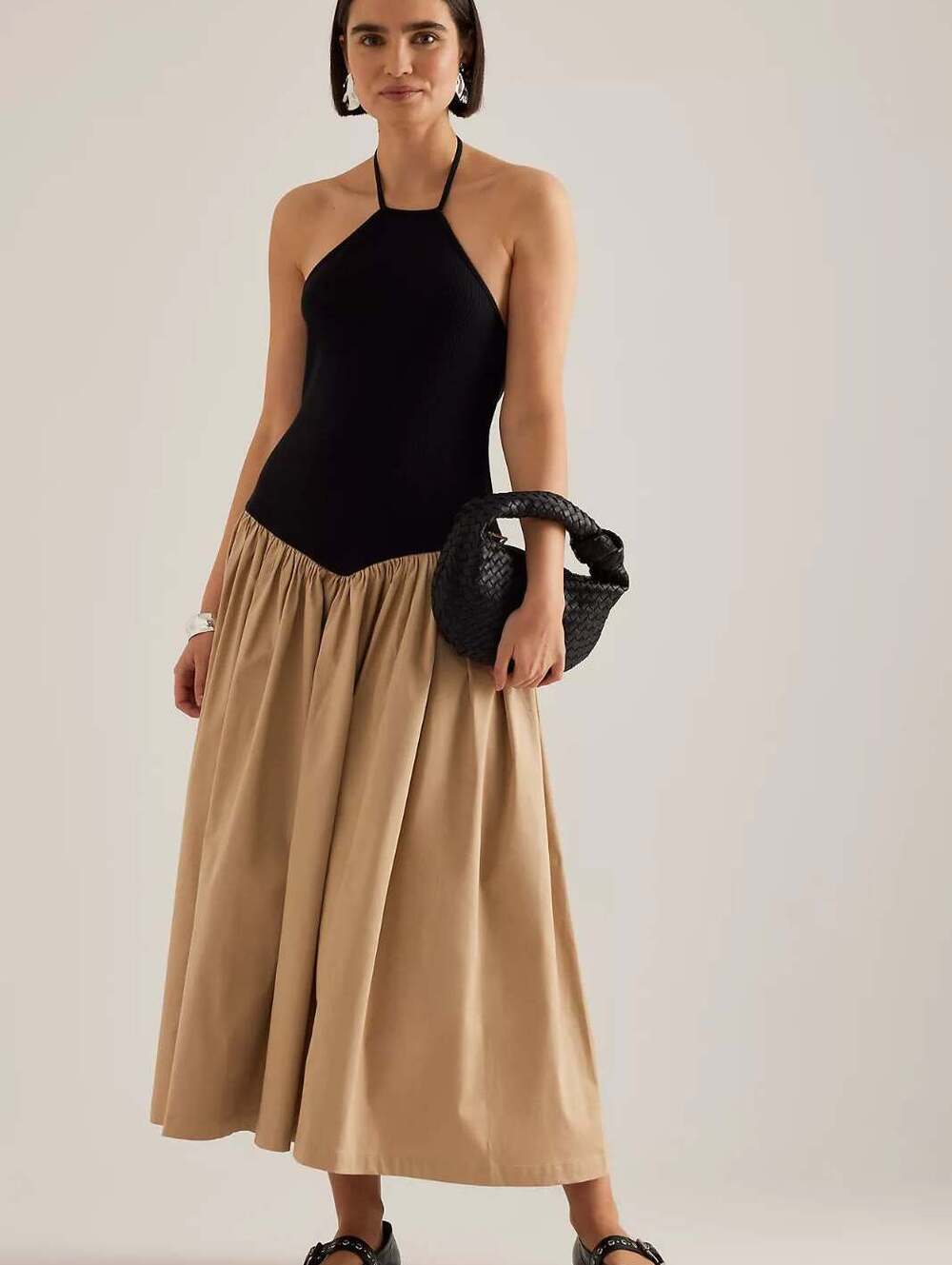 Maeve Anthropologie Halter Basque Waist Twofer Midi Dress Black Tan Small